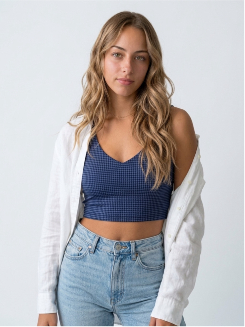 OFFLINE by Aerie Mini Houndstooth V-Neck Longline Sports Bra Blue NWT Size M